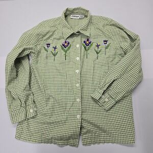 National Green Gingham Floral Embroidered Button Down Shirt Womens Large L